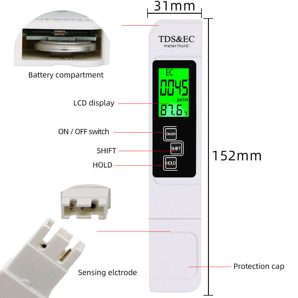 TDS  & EC Wassertester Digital Meter PPM Leitfähigkeitsmessgerät - LCD-Display