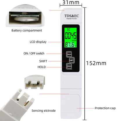 TDS  & EC Wassertester Digital Meter PPM Leitfähigkeitsmessgerät - LCD-Display